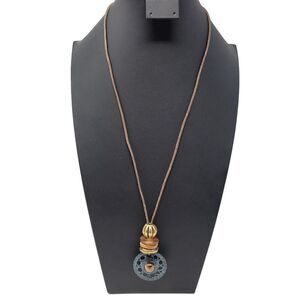 Vintage Express Primitive Tribal Necklace Leather Tied 3" Dangle Patina Medallio